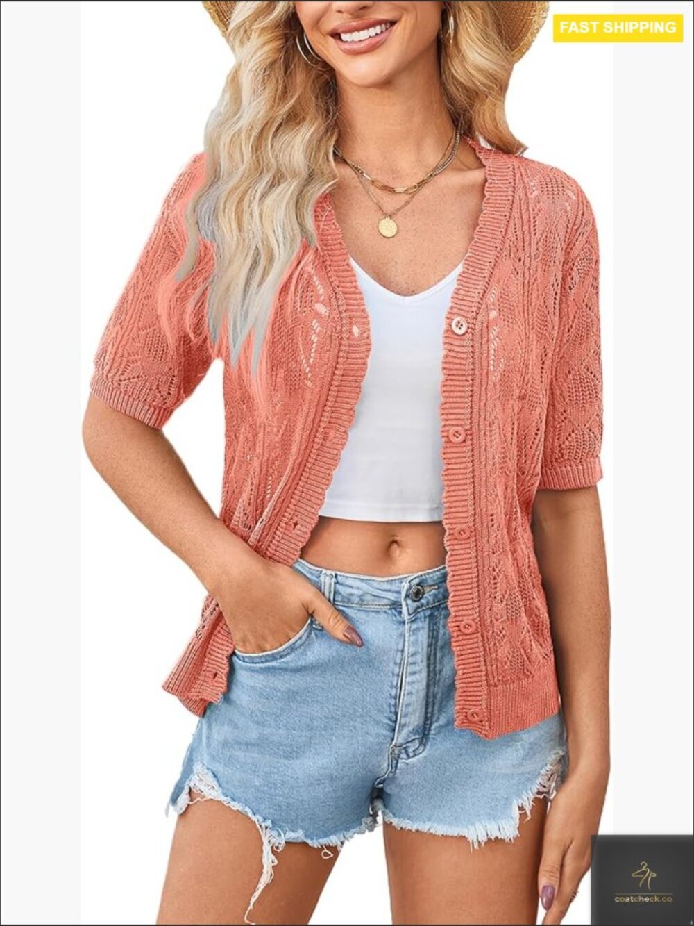 Short Sleeve Crochet Cardigan Cropped Button Summer Sweater Lightweight Shrug